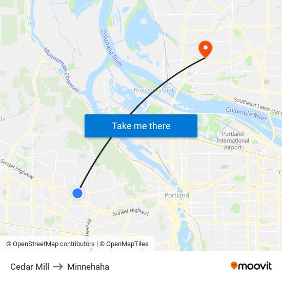 Cedar Mill to Minnehaha map