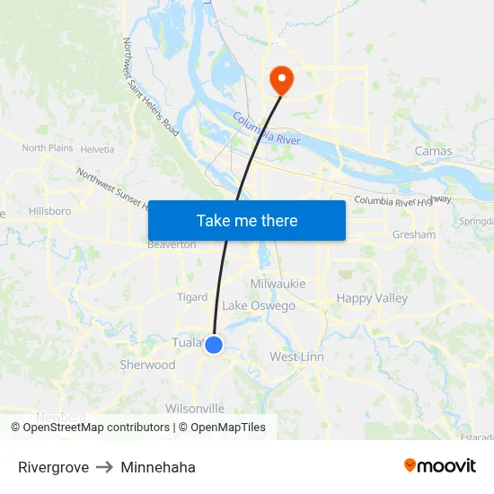 Rivergrove to Minnehaha map