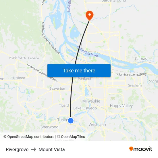 Rivergrove to Mount Vista map