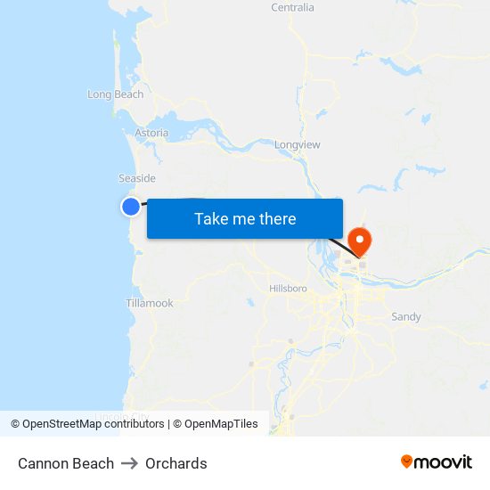 Cannon Beach to Orchards map