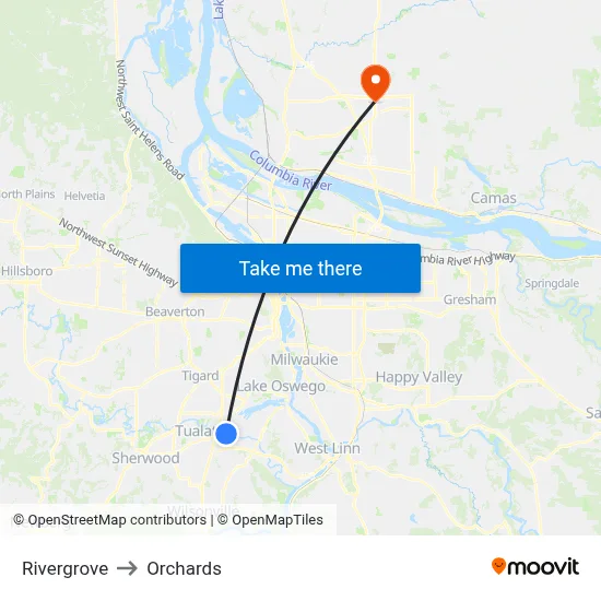 Rivergrove to Orchards map