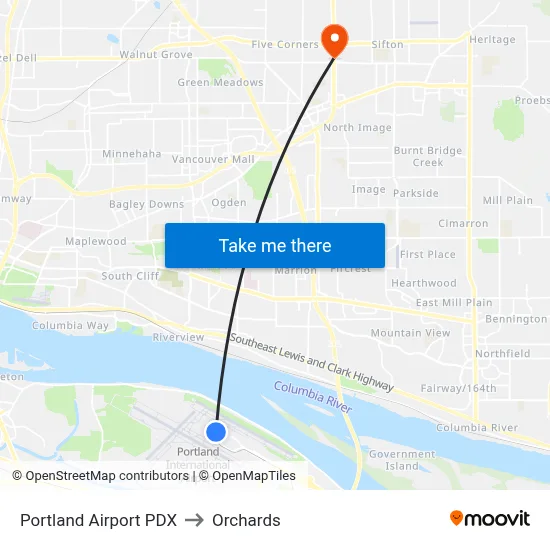 Portland Airport PDX to Orchards map