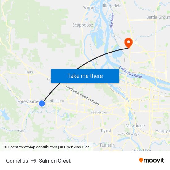 Cornelius to Salmon Creek map
