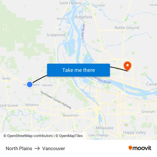 North Plains to Vancouver map