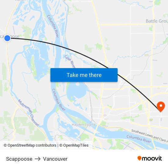 Scappoose to Vancouver map