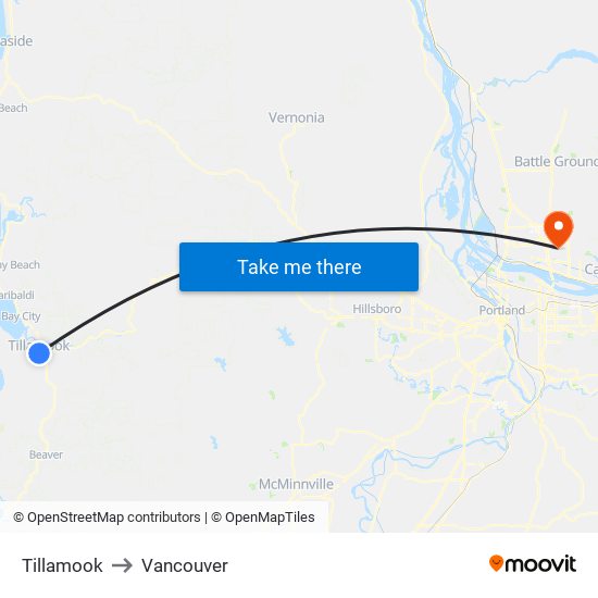 Tillamook to Vancouver map