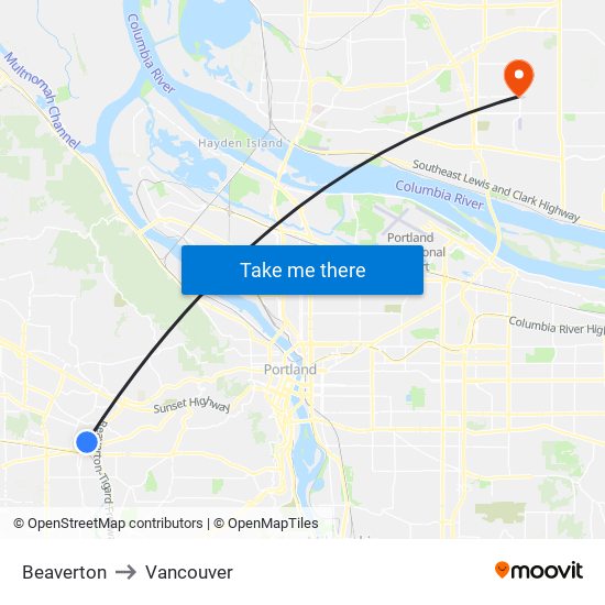 Beaverton to Vancouver map