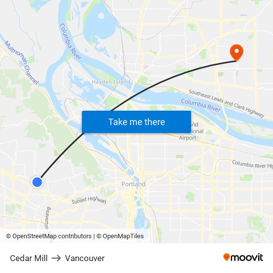 Cedar Mill to Vancouver map