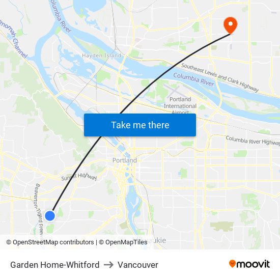Garden Home-Whitford to Vancouver map