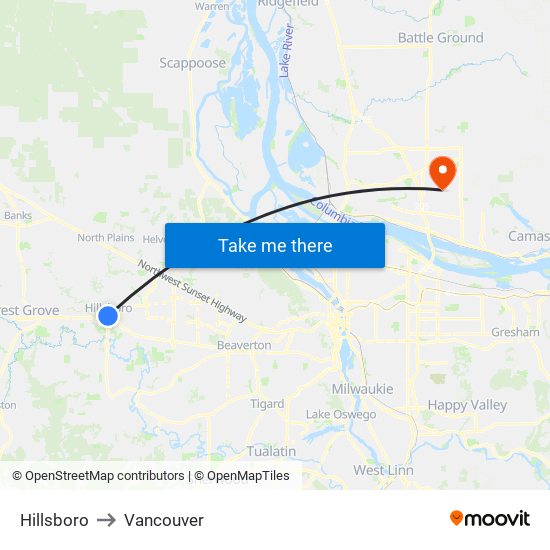 Hillsboro to Vancouver map