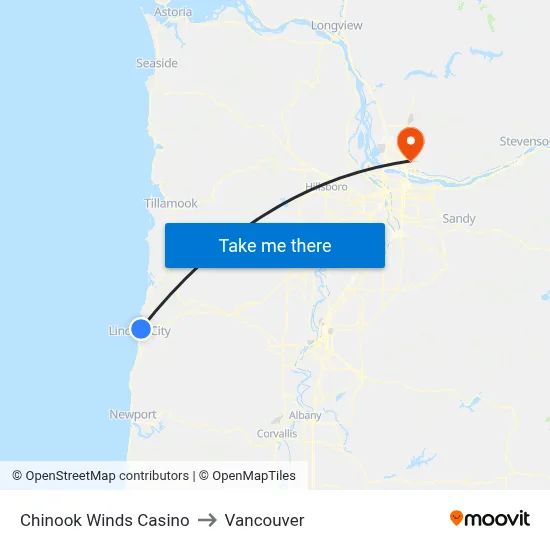 Chinook Winds Casino to Vancouver map