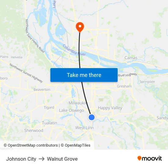 Johnson City to Walnut Grove map