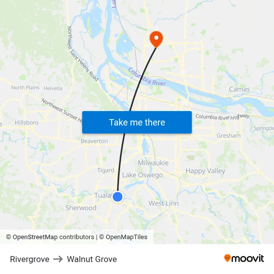Rivergrove to Walnut Grove map
