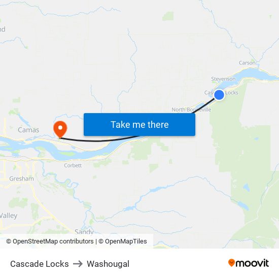 Cascade Locks to Washougal map