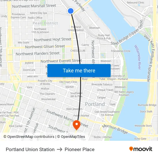 Portland Union Station to Pioneer Place map