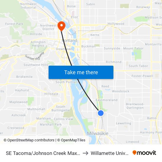 SE Tacoma/Johnson Creek Max Station to Willamette University map