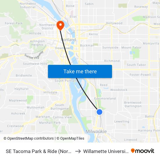 SE Tacoma Park & Ride (North) to Willamette University map