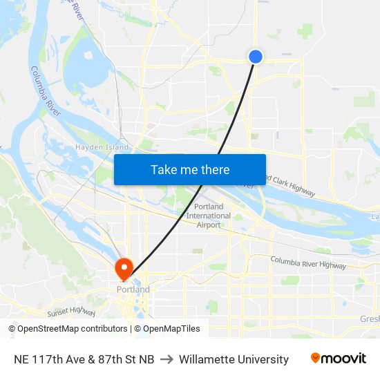 NE 117th Ave & 87th St NB to Willamette University map