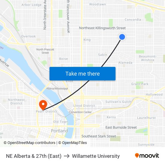 NE Alberta & 27th (East) to Willamette University map