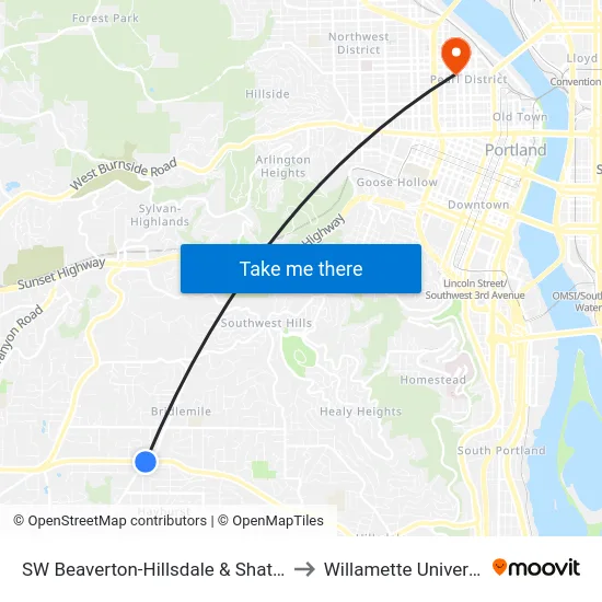SW Beaverton-Hillsdale & Shattuck to Willamette University map