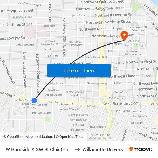 W Burnside & SW St Clair (East) to Willamette University map