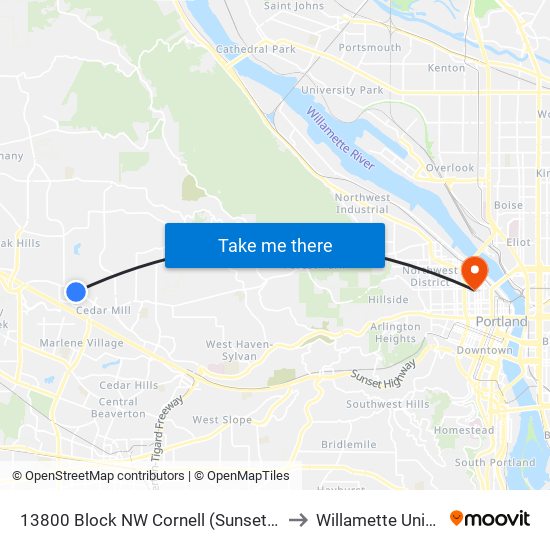 13800 Block NW Cornell (Sunset HS) (East) to Willamette University map