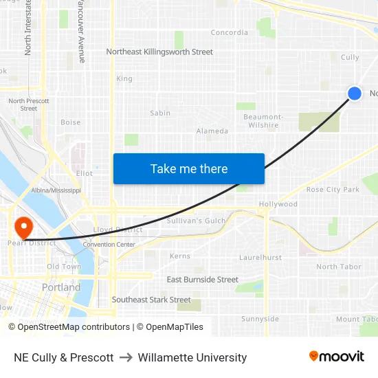 NE Cully & Prescott to Willamette University map