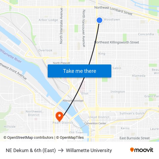 NE Dekum & 6th (East) to Willamette University map