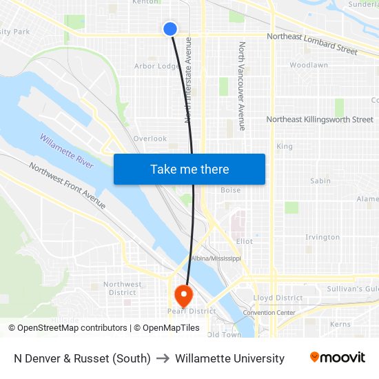 N Denver & Russet (South) to Willamette University map