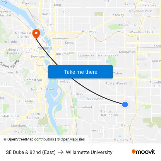 SE Duke & 82nd (East) to Willamette University map