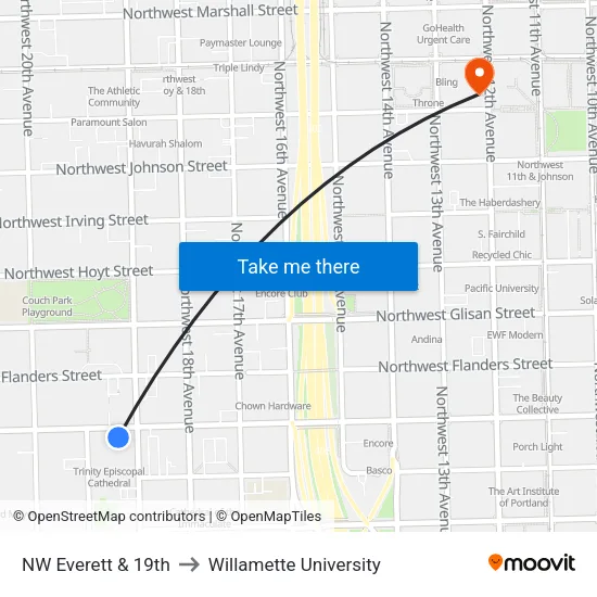 NW Everett & 19th to Willamette University map