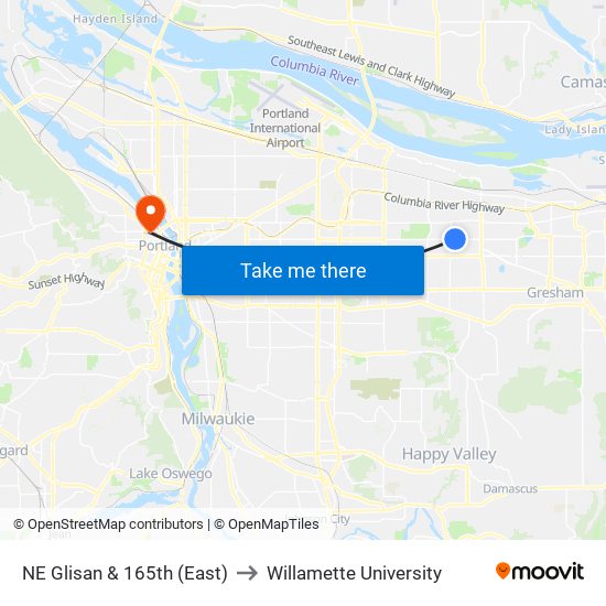 NE Glisan & 165th (East) to Willamette University map