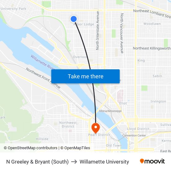 N Greeley & Bryant (South) to Willamette University map