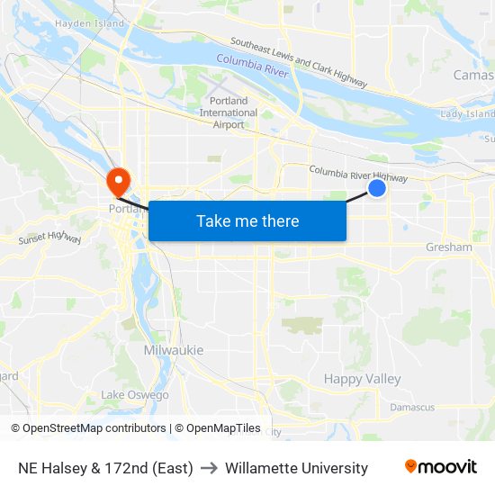 NE Halsey & 172nd (East) to Willamette University map