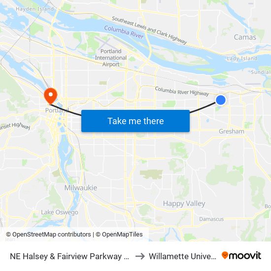 NE Halsey & Fairview Parkway (West) to Willamette University map