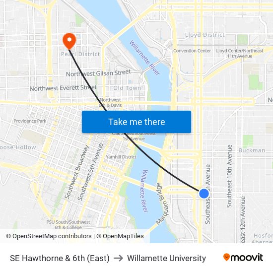 SE Hawthorne & 6th (East) to Willamette University map