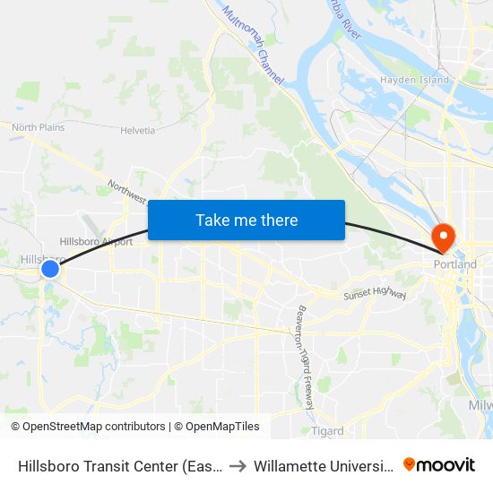 Hillsboro Transit Center (East) to Willamette University map