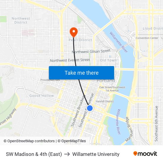 SW Madison & 4th (East) to Willamette University map