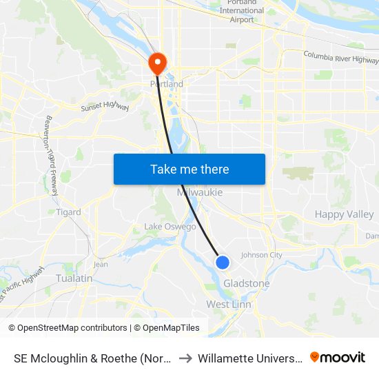 SE Mcloughlin & Roethe (North) to Willamette University map