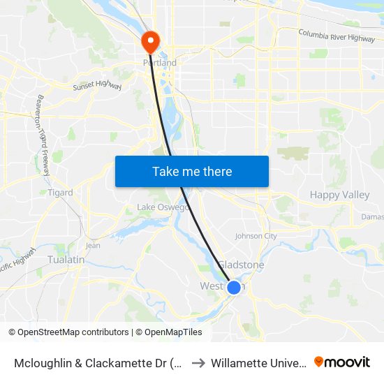 Mcloughlin & Clackamette Dr (South) to Willamette University map