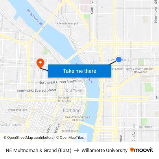 NE Multnomah & Grand (East) to Willamette University map