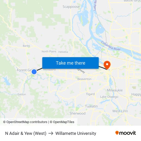 N Adair & Yew (West) to Willamette University map