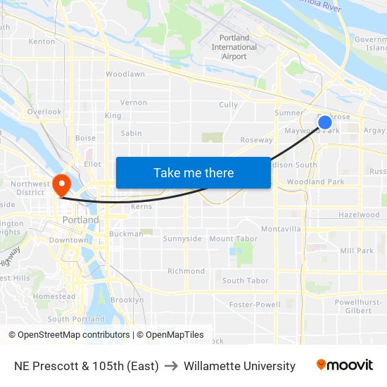 NE Prescott & 105th (East) to Willamette University map