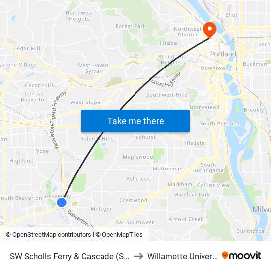 SW Scholls Ferry & Cascade (South) to Willamette University map
