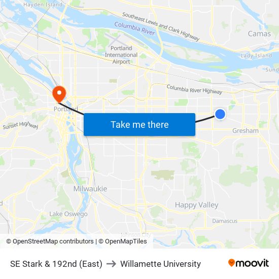 SE Stark & 192nd (East) to Willamette University map