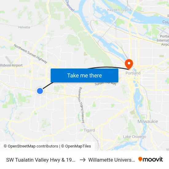 SW Tualatin Valley Hwy & 198th to Willamette University map