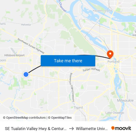 SE Tualatin Valley Hwy & Century (East) to Willamette University map