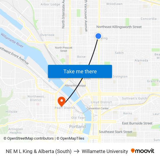 NE M L King & Alberta (South) to Willamette University map
