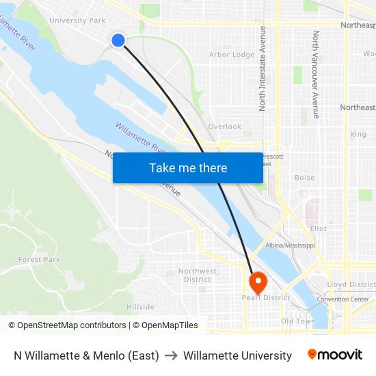 N Willamette & Menlo (East) to Willamette University map