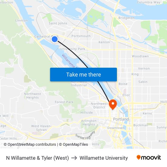 N Willamette & Tyler (West) to Willamette University map